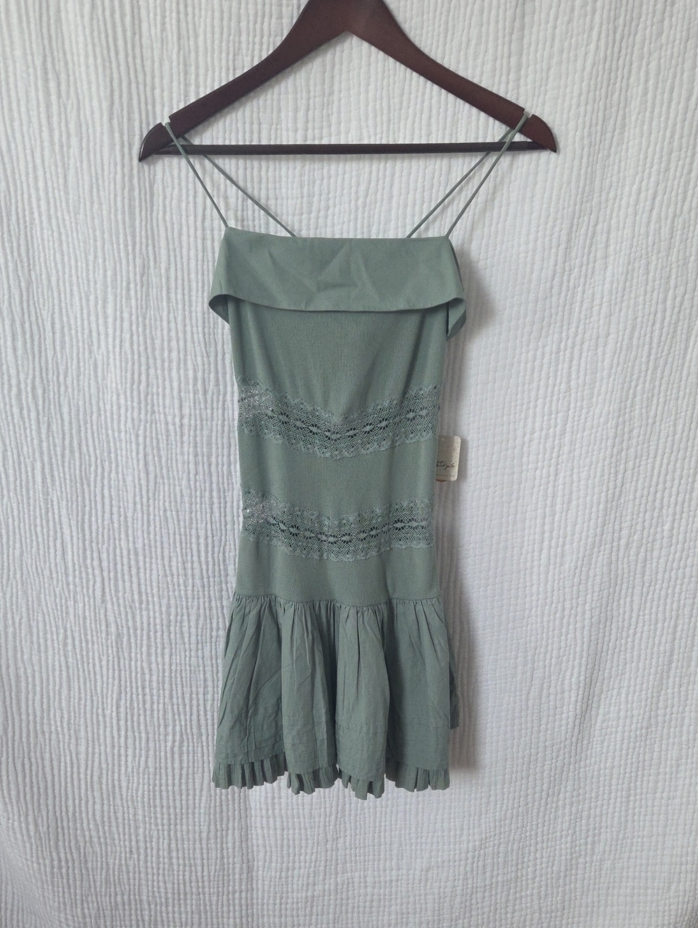 NWT Free People Olive Green Spaghetti Strap Ruffle Hem Mini Dress NWT
